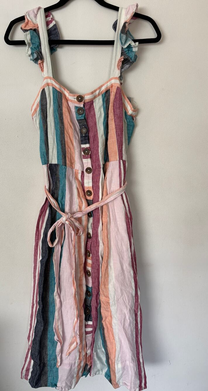 J. Crew Linen Striped Dress Button Front Orange Blue Pink Sleeveless Women Sz 10